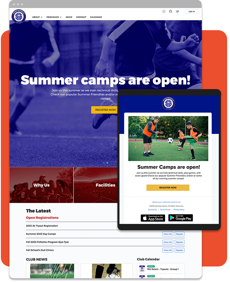 Screenshot of a youth sports club website and custom email in Sprocket Sports