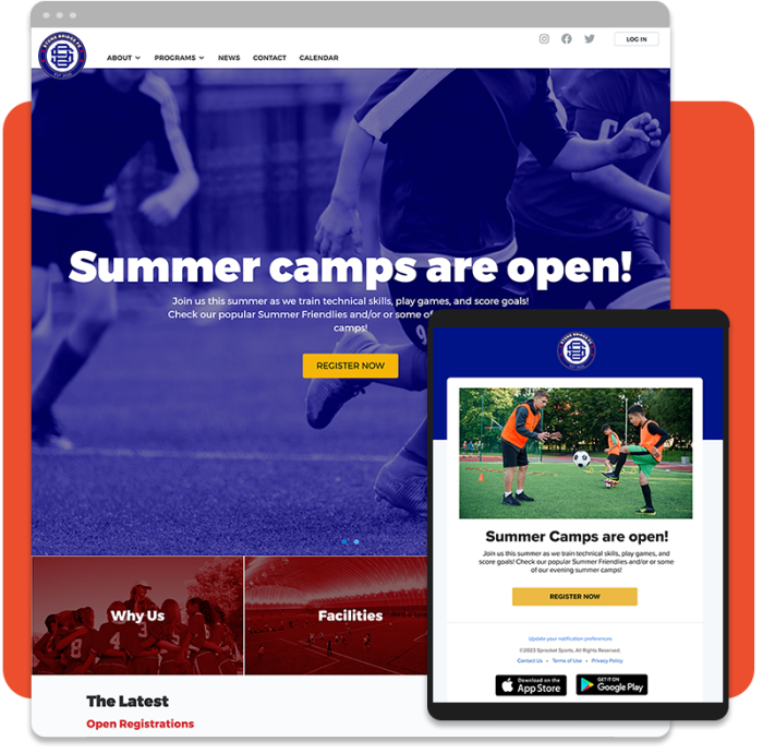 Screenshot of a youth sports club website and custom email in Sprocket Sports