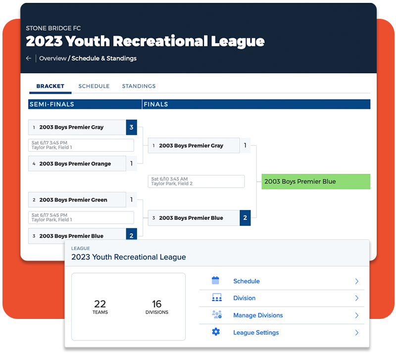 Screenshots of youth league management tools in Sprocket Sports