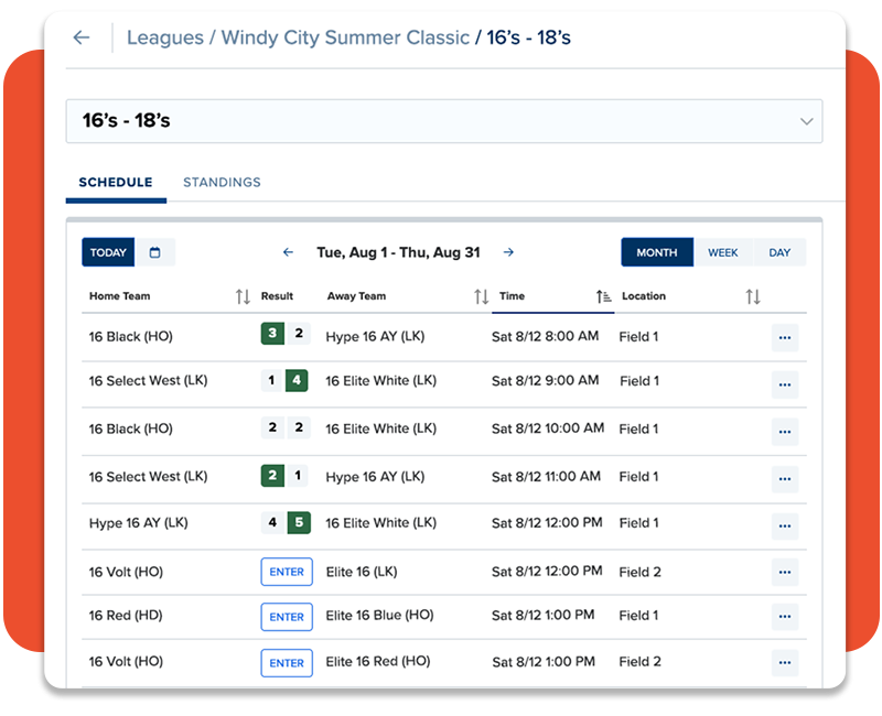 Screenshot of a youth league schedule in Sprocket Sports