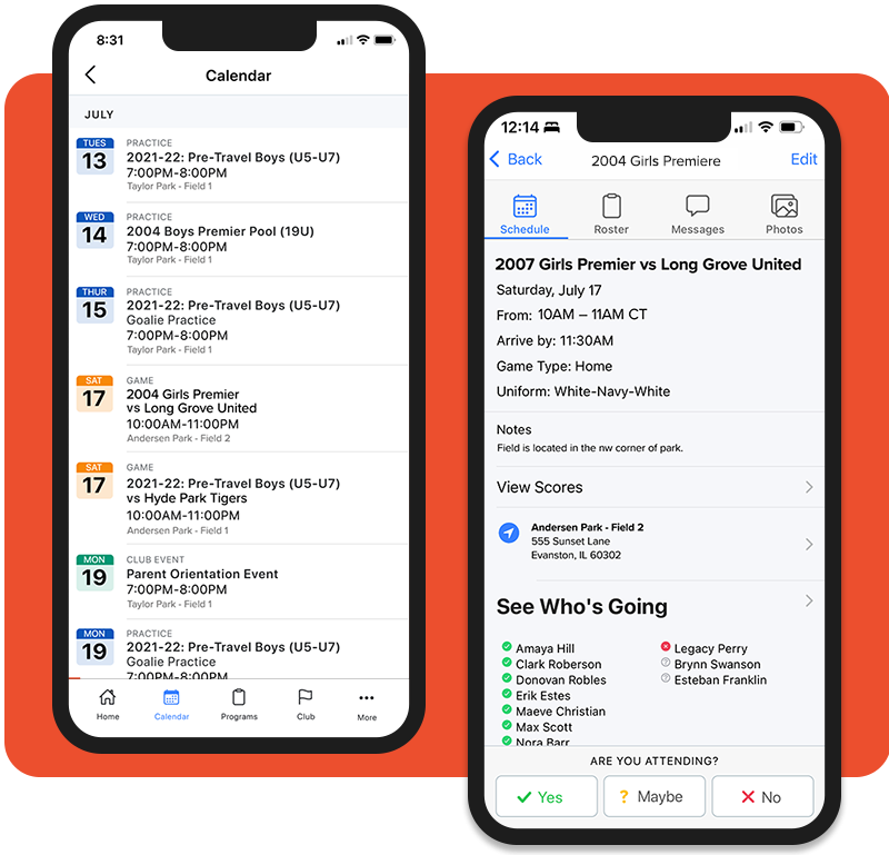 Examples of mobile team calendars in Sprocket Sports
