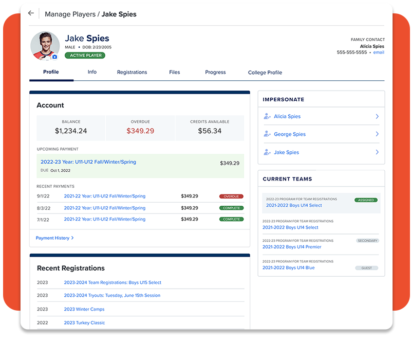 Screenshot of a player profile page in Sprocket Sports